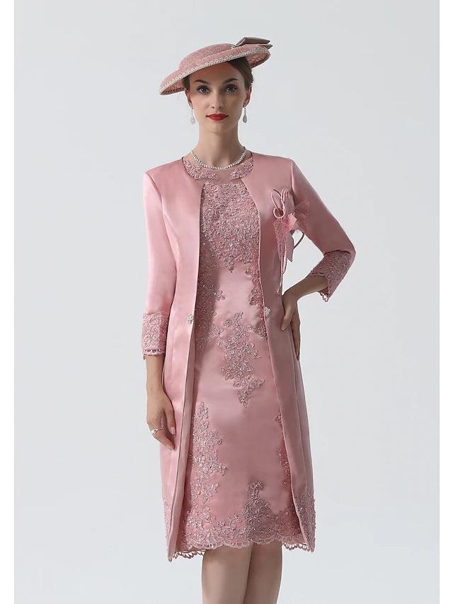 Sheath / Column Mother of the Bride Dress Vintage Plus Size Jewel Neck Knee Length Satin Lace 3/4 Length Sleeve Jacket Dresses with Appliques